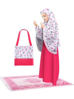 Oulabi Mir Kız Çocuk Namaz Elbisesi Pamuklu 4 Parçalı Set Pembe Baskılı