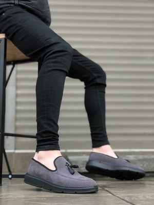 7erbilden ER0005 Bağcıksız Yüksek Taban Klasik Gri Siyah Taban Püsküllü Erkek Ayakkabı