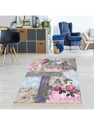 Bona Fortuna Gül Kelebek Patchwork Desenli Dijital Baskı Yıkanabilir Kaymaz Taban Vintage Salon Halısı ve Yolluk