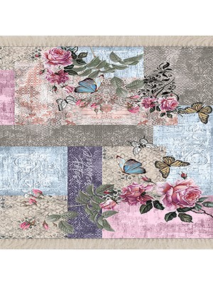 Bona Fortuna Gül Kelebek Patchwork Desenli Dijital Baskı Yıkanabilir Kaymaz Taban Vintage Salon Halısı ve Yolluk