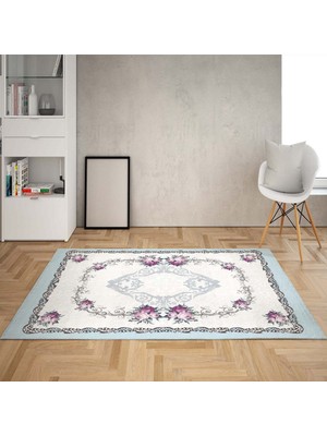 Bona Fortuna Çiçek Varak Desenli Dijital Baskı Yıkanabilir Kaymaz Taban Salon Halısı ve Yolluk (Mavi)