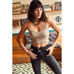 Kasheha Kadın Kamel Askılı Likralı Örme Kaşkorse Crop Bluz - KSH00107