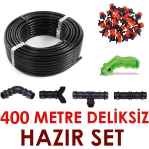 Deliksiz Düz 400 Metre Damla Sulama Sistemi ve Ek Parçaları Damlama Borusu Hortumu Bahçe Ağaç Seti 16MM