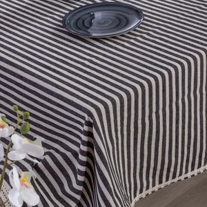 Siyah Çizgili Keten Dantelli Masa Örtüsü