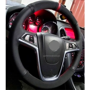 Gürler Oto Kılıf ve Aksesuar Opel Astra J Uyumlu Kırmızı Yüzük Noktalı Alkantara Dikmeli Direksiyon Kılıfı