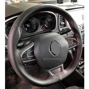 Gürler Oto Kılıf ve Aksesuar Renault Clio 4 Direksiyon Kılıfı Siyah Deri Kırmızı Ipli (11CM)