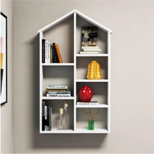 Woodylife Dekoratif Ev Temalı Kitaplık Ofis Çocuk Odası Kitap Duvar Rafı Beyaz