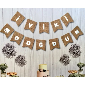 BEST PARTİ Kraft Karton Üstüne Gümüş Gri Yaldızlı Iyiki Doğdun Yazılı Doğum Günü Partisi Ipli Yazı Banner