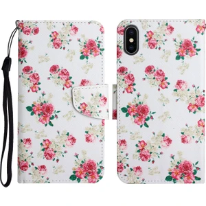 İphone X / Xs Için Boyalı Desenli Deri Kılıf Kırmızı Şakayık Çiçeği (Yurt Dışından)