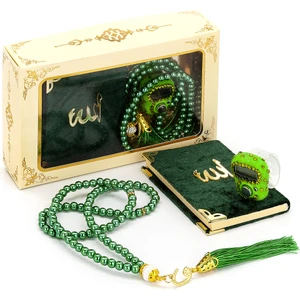 İhvan Online Taşlı Zikirmatik - Mini Kadife Yasin - Inci Tesbihli Hediyelik Set - Yeşil Renk
