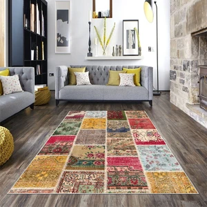 Bona Fortuna Patchwork Çiçek Desenli Yıkanabilir Kaymaz Taban Leke Tutmaz Modern Salon Halısı ve Yolluk