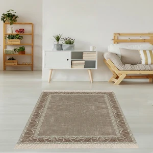 Bona Fortuna Nakış Desen Çerçeveli Dijital Baskı Yıkanabilir Kaymaz Taban Modern Salon Halısı ve Yolluk (Kahve)