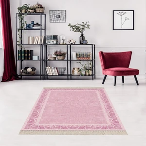 Bona Fortuna Nakış Desen Çerçeveli Dijital Baskı Yıkanabilir Kaymaz Taban Modern Salon Halısı ve Yolluk (Pembe)