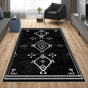 Bona Fortuna Siyah Bohem Etnik Kilim Desen Yıkanabilir Kaymaz Taban Leke Tutmaz Modern Salon Halısı ve Yolluk