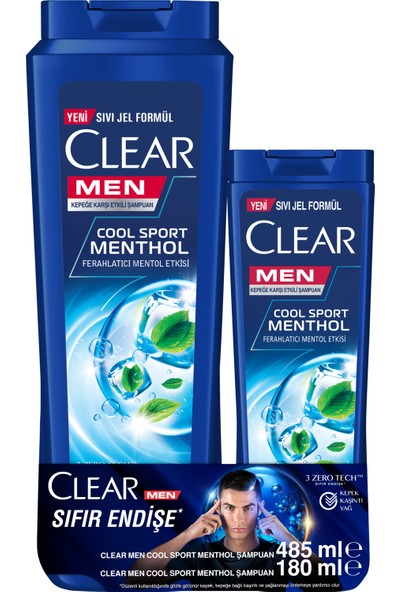 Clear Men Kepeğe Karşı Etkili Şampuan Cool Sport Menthol Ferahlatıcı Mentol Etkisi 485 ml + 180 ml