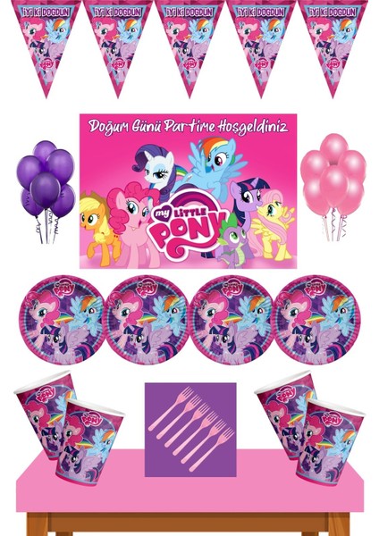 My Little Pony Doğum Günü 8 Kişilik Afişli My Little Pony Parti Malzemeleri Seti Pembe
