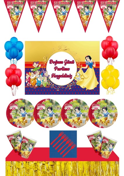 Pamuk Prenses Tema 24 Kişilik 50X70 cm Afişli Masa Etekli Set Kırmızı