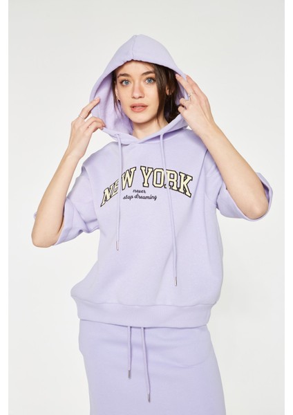 Serena - Kapüşonlu Kısa Kollu Lila Sweatshirt | 160519-1