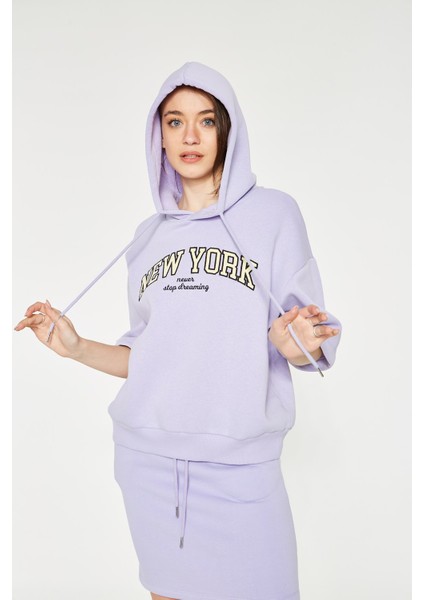Serena - Kapüşonlu Kısa Kollu Lila Sweatshirt | 160519-1 modelleri