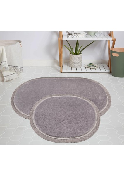 Modern Dekoratif Halı Jel Kaymaz Taban Peluş Gri Saçaklı Oval Paspas Takımı 50X80