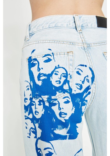 Violetta - Yüz Baskılı Buz Mavisi Denim Pantolon | 160490-B-4 modelleri