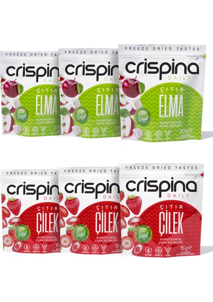 Çıtır Çilek 3 Paket + Crispina Çıtır Elma 3 Paket (Freeze Dried) 20 gr x 6