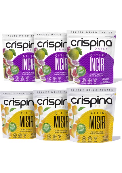 Çıtır Tane Mısır 3 Paket + Crispina Çıtır Incir 3 Paket (Freeze Dried) 20 gr x 6