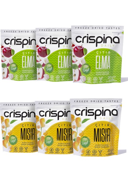 Çıtır Tane Mısır 3 Paket + Crispina Çıtır Elma 3 Paket (Freeze Dried) 20 gr x 6