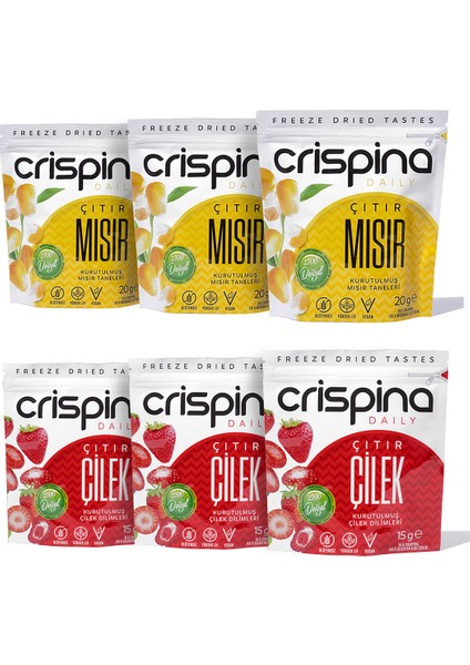 Çıtır Tane Mısır 3 Paket + Crispina Çıtır Çilek 3 Paket (Freeze Dried) 20 gr x 6