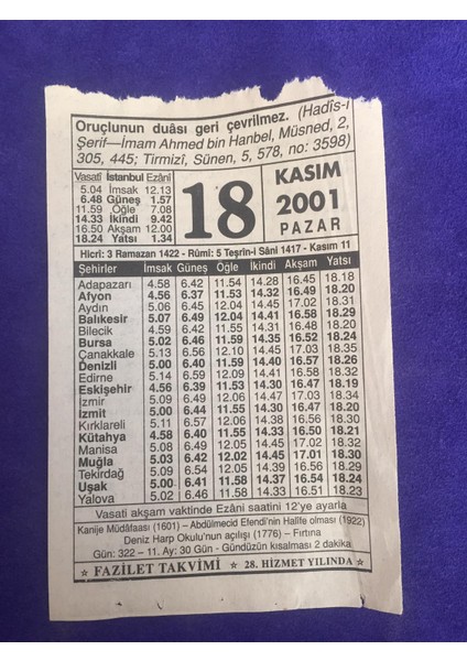 18 Kasım 2001 Takvim Yaprağı - Nostalji Koleksiyonluk Takvim Yaprağı