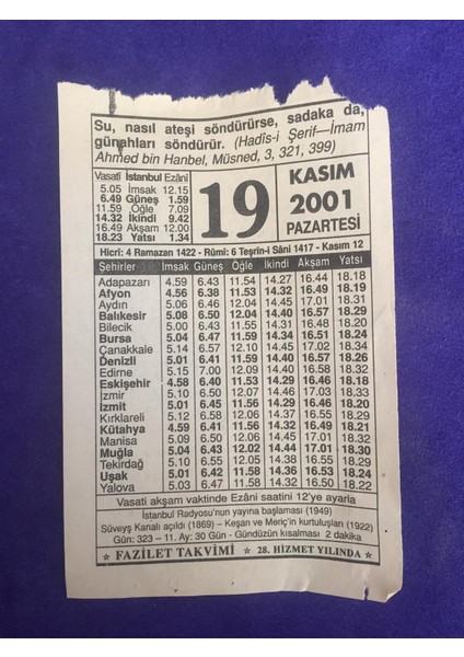 19 Kasım 2001 Takvim Yaprağı - Nostalji Koleksiyonluk Takvim Yaprağı