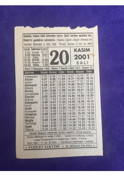 20 Kasım 2001 Takvim Yaprağı - Nostalji Koleksiyonluk Takvim Yaprağı