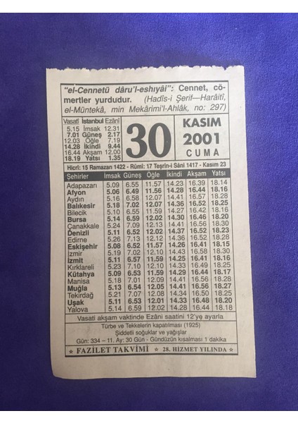 30 Kasım 2001 Takvim Yaprağı - Nostalji Koleksiyonluk Takvim Yaprağı