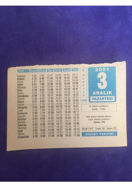 3 Aralık 2001 Takvim Yaprağı - Nostalji Koleksiyonluk Takvim Yaprağı C