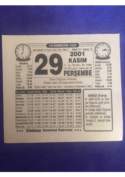 29 Kasım 2001 Takvim Yaprağı - Nostalji Koleksiyonluk Takvim Yaprağı B