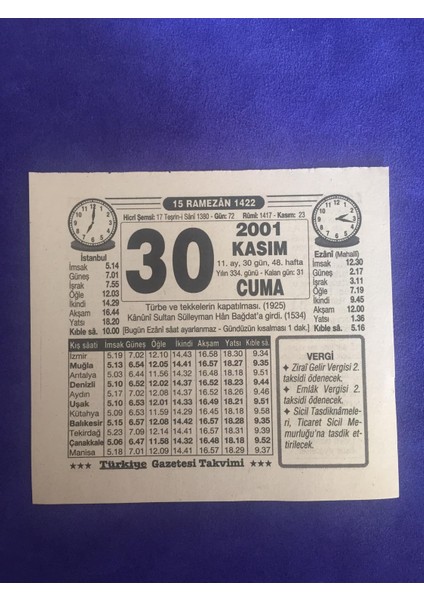 30 Kasım 2001 Takvim Yaprağı - Nostalji Koleksiyonluk Takvim Yaprağı B