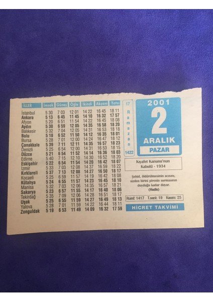 2 Aralık 2001 Takvim Yaprağı - Nostalji Koleksiyonluk Takvim Yaprağı B