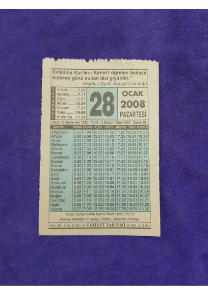 28 Ocak 2008 Takvim Yaprağı - Nostaljik Koleksiyonluk Takvim Yaprağı