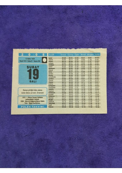 19 Şubat 2008 Takvim Yaprağı - Nostaljik Koleksiyonluk Takvim Yaprağı