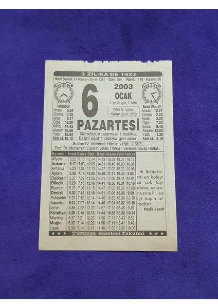 6 Ocak 2003 Takvim Yaprağı - Nostaljik Koleksiyonluk Takvim Yaprağı