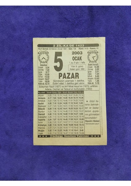 5 Ocak 2003 Takvim Yaprağı - Nostaljik Koleksiyonluk Takvim Yaprağı