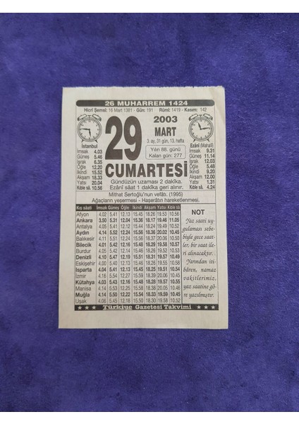 29 Mart 2003 Takvim Yaprağı - Nostaljik Koleksiyonluk Takvim Yaprağı