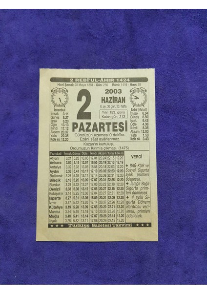 2 Haziran 2003 Takvim Yaprağı - Nostaljik Koleksiyonluk Takvim Yaprağı