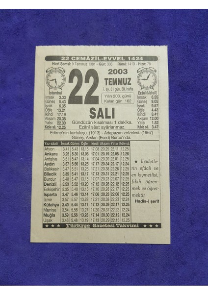 22 Temmuz 2003 Takvim Yaprağı - Nostaljik Koleksiyonluk Takvim Yaprağı