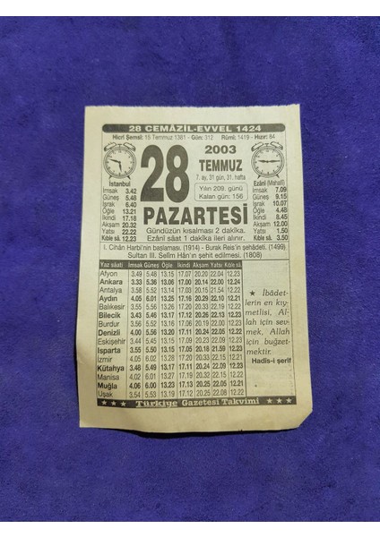 28 Temmuz 2003 Takvim Yaprağı - Nostaljik Koleksiyonluk Takvim Yaprağı