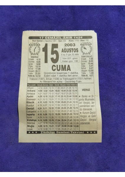 15 Ağustos 2003 Takvim Yaprağı - Nostaljik Koleksiyonluk Takvim Yaprağı