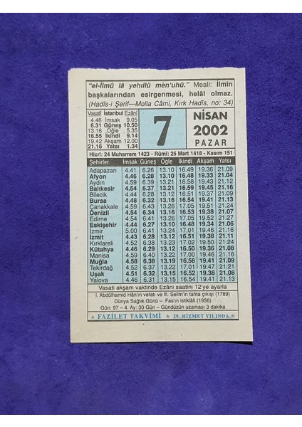 7 Nisan 2002 Takvim Yaprağı - Nostalji Koleksiyonluk Takvim Yaprağı A
