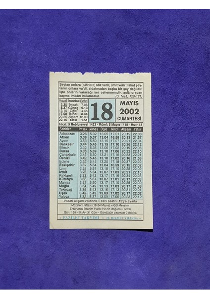 18 Mayıs 2002 Takvim Yaprağı - Nostalji Koleksiyonluk Takvim Yaprağı A