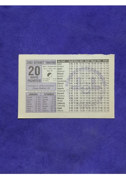 20 Mayıs 2002 Takvim Yaprağı - Nostalji Koleksiyonluk Takvim Yaprağı