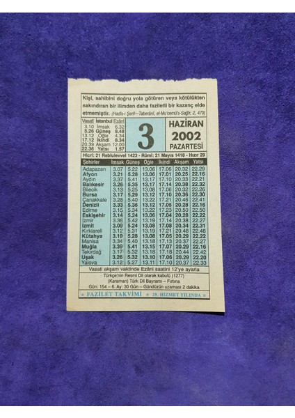 3 Haziran 2002 Takvim Yaprağı - Nostalji Koleksiyonluk Takvim Yaprağı